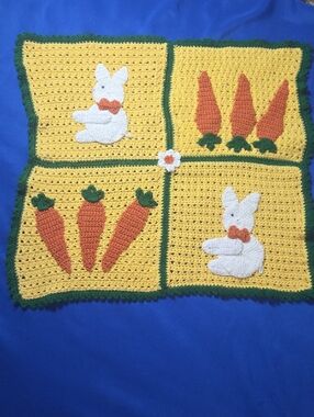 Vintage Handmade Crochet Bunny and Carrot Blanket